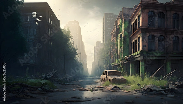 Obraz The destroyed ruins of a city after a zombie apocalypse outbreak, nature growing back, generated by ai
