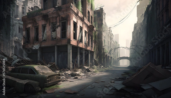 Obraz The destroyed ruins of a city after a zombie apocalypse outbreak, nature growing back, generated by ai