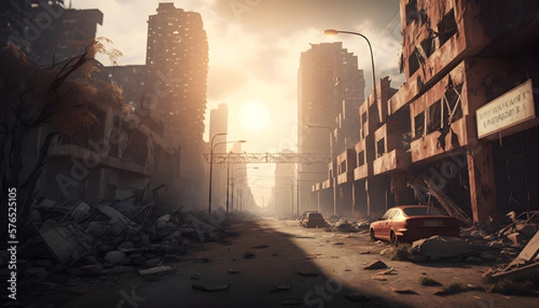 Obraz The destroyed ruins of a city after a zombie apocalypse outbreak, nature growing back, generated by ai