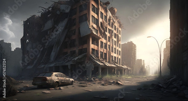 Obraz The destroyed ruins of a city after a zombie apocalypse outbreak, nature growing back, generated by ai