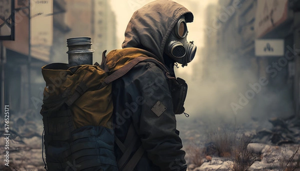 Obraz A survivor with a big backpack on a desolated city after a zombie outbreak apocalypse, generated by ai