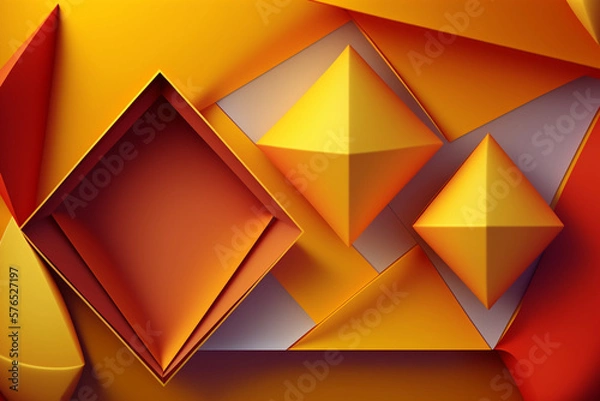 Fototapeta Yellow orange red abstract background for design. Geometric shapes. Triangles, squares, stripes, lines. Color gradient. Modern, futuristic. Light dark shades. Web banner Generative AI