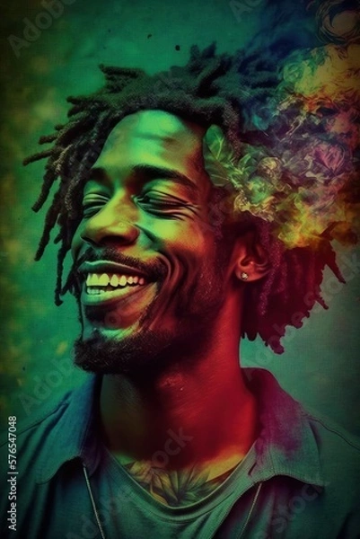 Fototapeta Cannabis 420 Culture: A Beautiful Artistic Designer Portrait of African American Man Adventuring Happily with Weed Marijuana with Colorful Psychedelic Smoke Background (generative AI