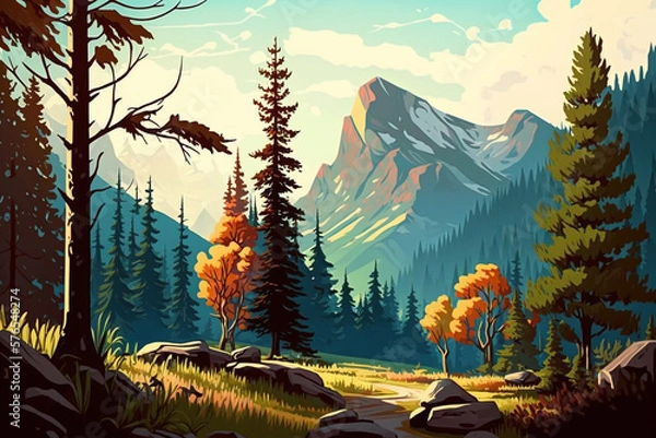 Fototapeta Mountain and Forest - Landscape Painting - Temperate - by Generative AI