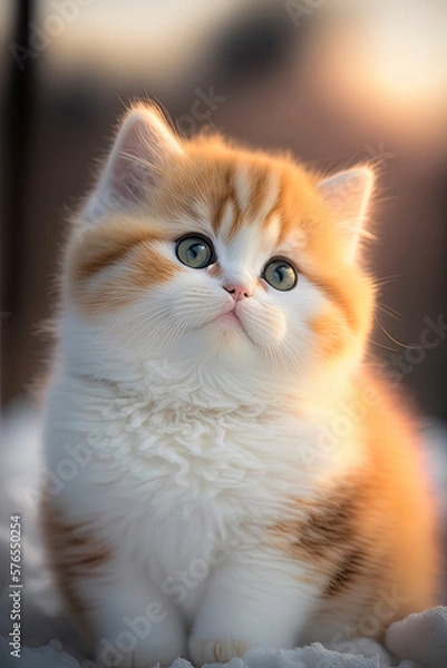Fototapeta Cute baby cat in the snow with sunset in the background. AI-Generated