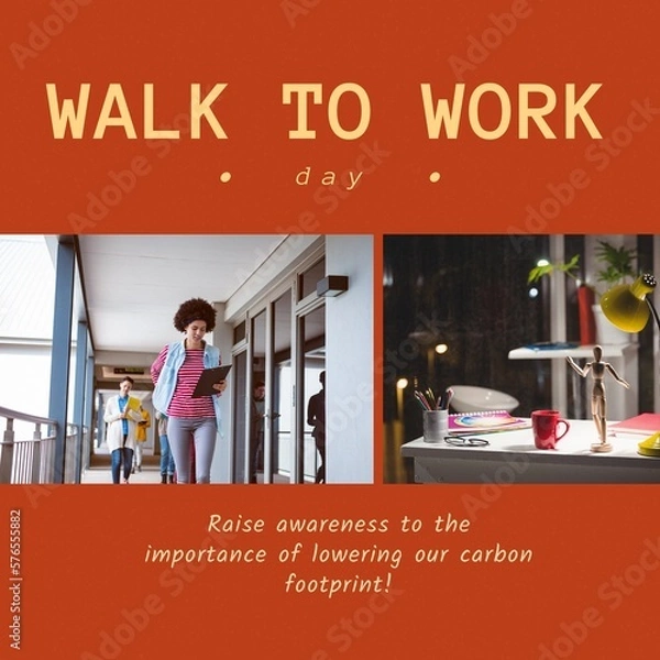 Fototapeta Image of walk to work day text over diverse business people walking