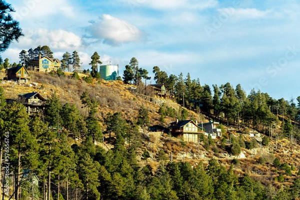 Fototapeta Houses on ridge in the mountains of arizona with log cabin and traditional design in forestry area or rural suburbs