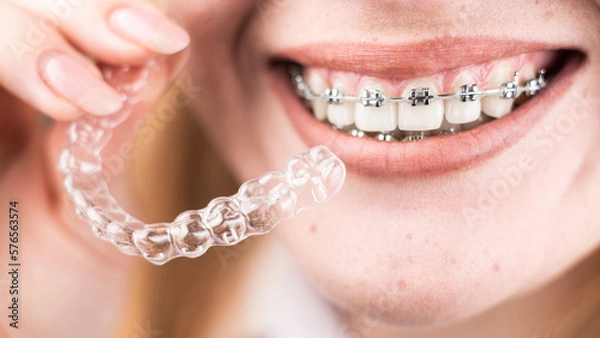 Obraz Dental care.Smiling girl with braces on her teeth holds aligners in her hands and shows the difference between them