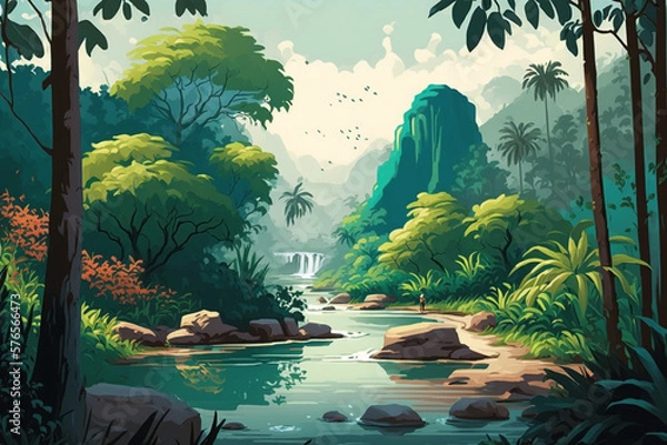 Fototapeta River and Forest - Landscape Painting - Tropical - by Generative AI