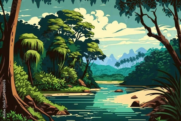 Fototapeta River and Forest - Landscape Painting - Tropical - by Generative AI