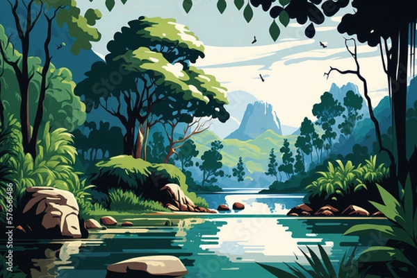 Fototapeta River and Forest - Landscape Painting - Tropical - by Generative AI