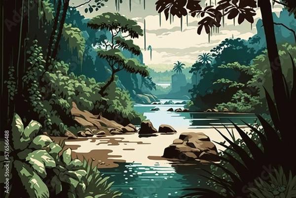 Fototapeta River and Forest - Landscape Painting - Tropical - by Generative AI