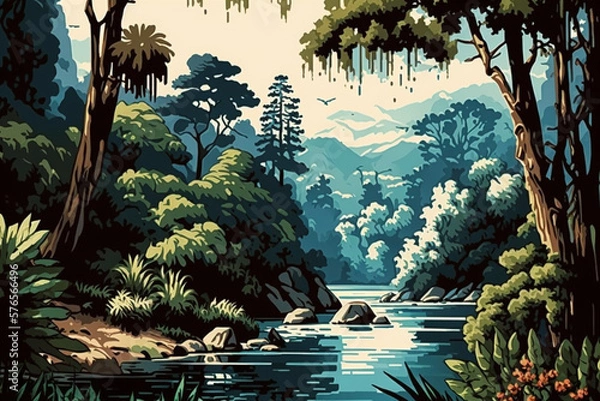 Fototapeta River and Forest - Landscape Painting - Tropical - by Generative AI