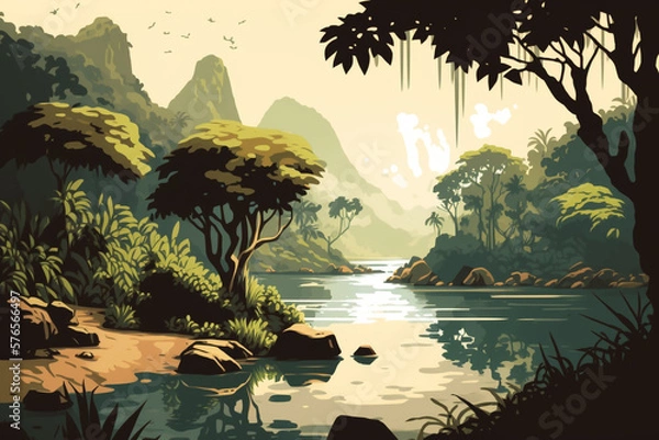 Fototapeta River and Forest - Landscape Painting - Tropical - by Generative AI
