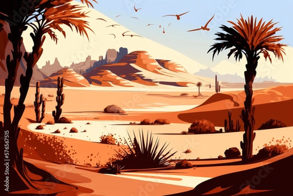 Fototapeta Desert and Oasis - Landscape Painting - by Generative AI