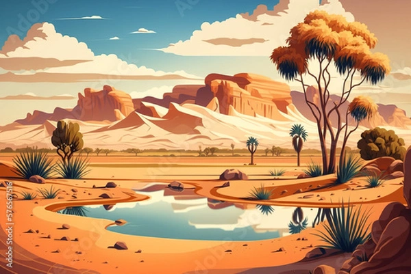 Fototapeta Desert and Oasis - Landscape Painting - by Generative AI