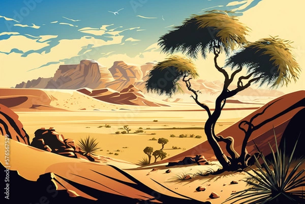 Fototapeta Desert and Oasis - Landscape Painting - by Generative AI