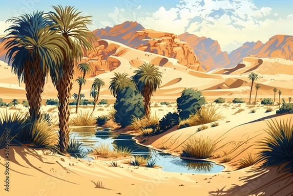 Fototapeta Desert and Oasis - Landscape Painting - by Generative AI