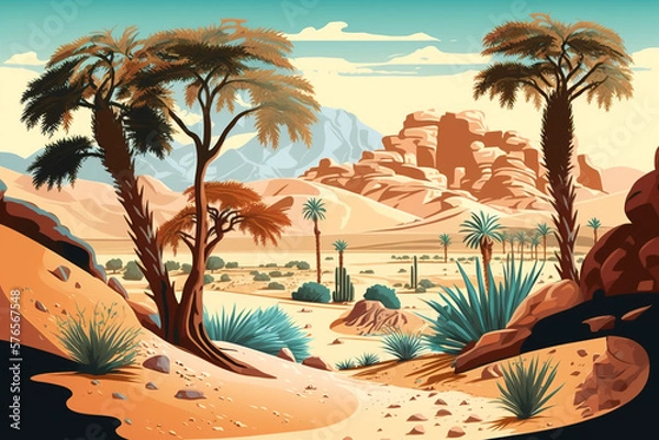 Fototapeta Desert and Oasis - Landscape Painting - by Generative AI
