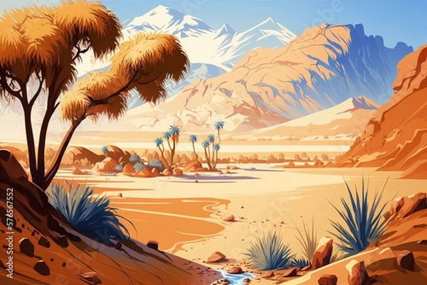 Fototapeta Desert and Oasis - Landscape Painting - by Generative AI