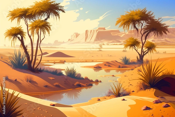Fototapeta Desert and Oasis - Landscape Painting - by Generative AI
