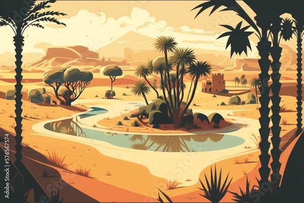 Fototapeta Desert and Oasis - Landscape Painting - by Generative AI