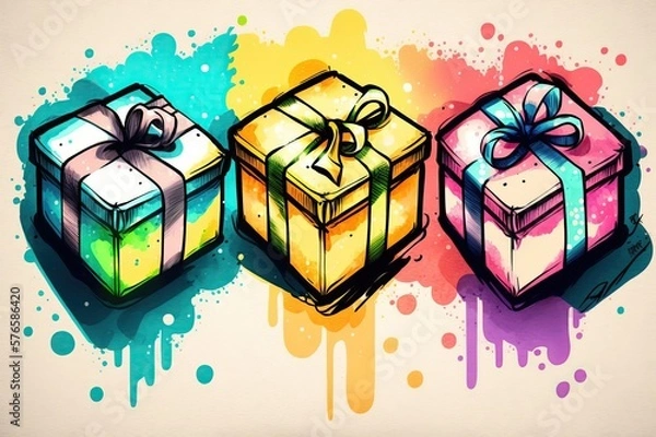 Fototapeta Gift Box Doodles graphic artistic design illustration. Creative art background. Generative AI