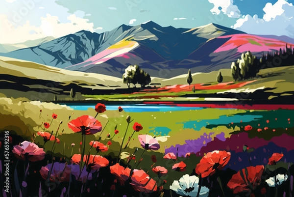 Fototapeta Beautiful Day with Wild Flowers - Landscape Painting - by Generative AI