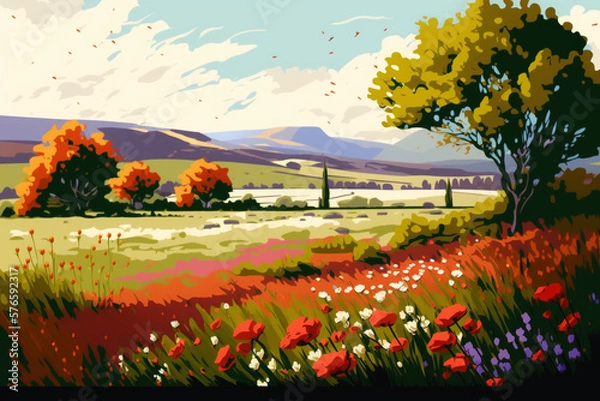 Fototapeta Beautiful Day with Wild Flowers - Landscape Painting - by Generative AI