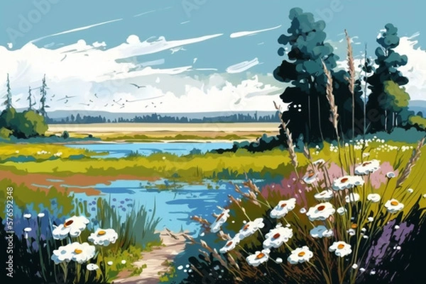 Fototapeta Beautiful Day with Wild Flowers - Landscape Painting - by Generative AI