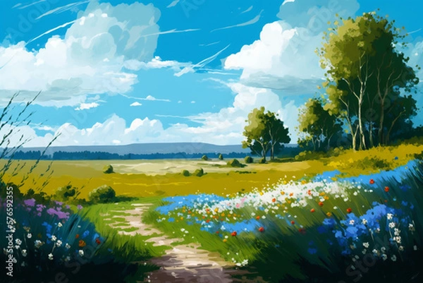 Fototapeta Beautiful Day with Wild Flowers - Landscape Painting - by Generative AI
