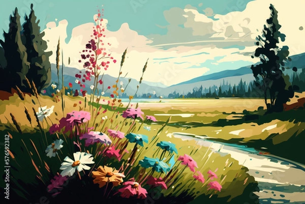 Fototapeta Beautiful Day with Wild Flowers - Landscape Painting - by Generative AI