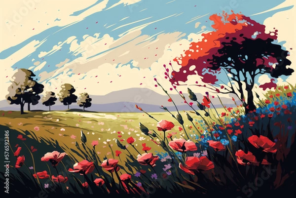 Fototapeta Beautiful Day with Wild Flowers - Landscape Painting - by Generative AI