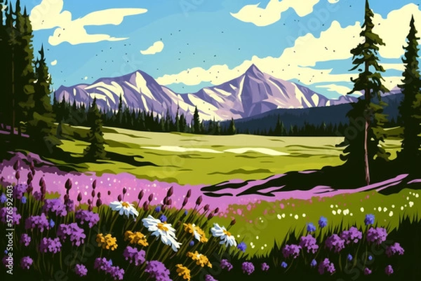 Fototapeta Beautiful Day with Wild Flowers - Landscape Painting - by Generative AI