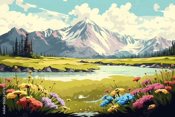Fototapeta Beautiful Day with Wild Flowers - Landscape Painting - by Generative AI