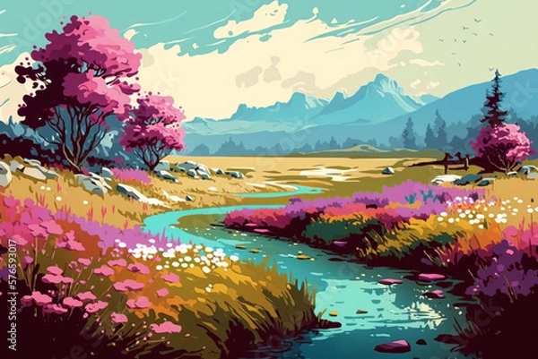Fototapeta Beautiful Day with Wild Flowers - Landscape Painting - Abstract Colors - by Generative AI