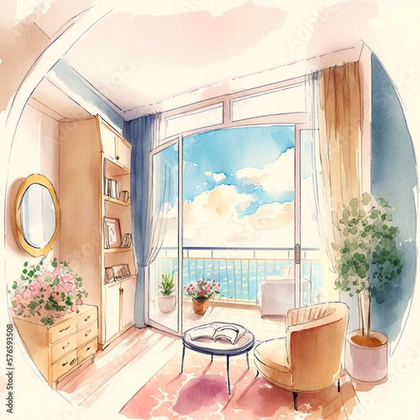Fototapeta Apartment Room with Balcony - Watercolor - by Generative AI