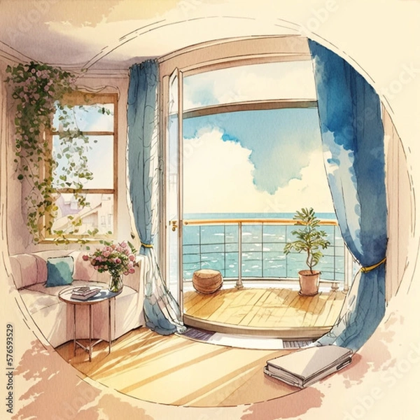 Fototapeta Apartment Room with Balcony - Watercolor - by Generative AI