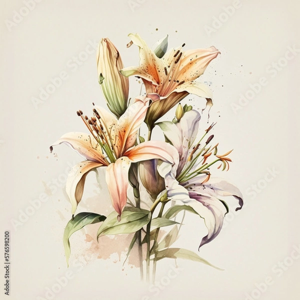 Fototapeta Lily Flowers - Vintage Watercolor - by Generative AI