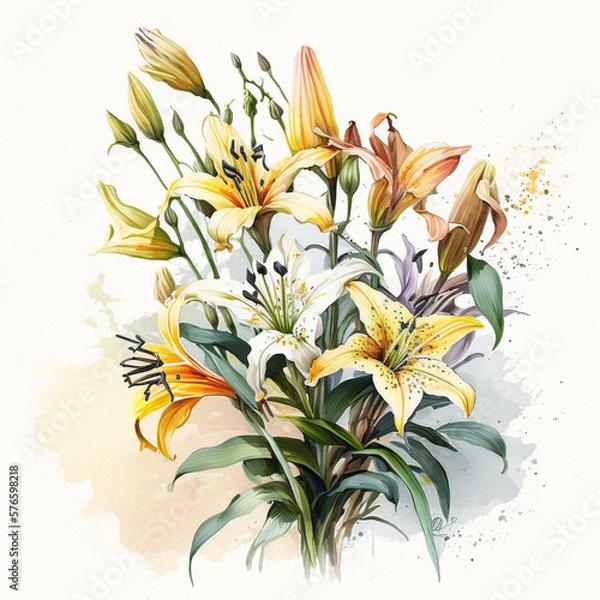 Fototapeta Lily Flowers - Vintage Watercolor - by Generative AI