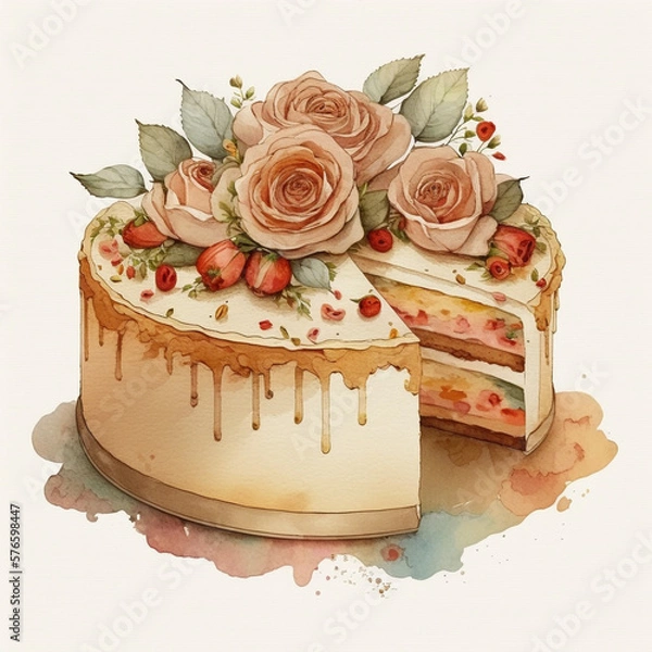 Fototapeta Cake and Roses - Vintage Watercolor - by Generative AI