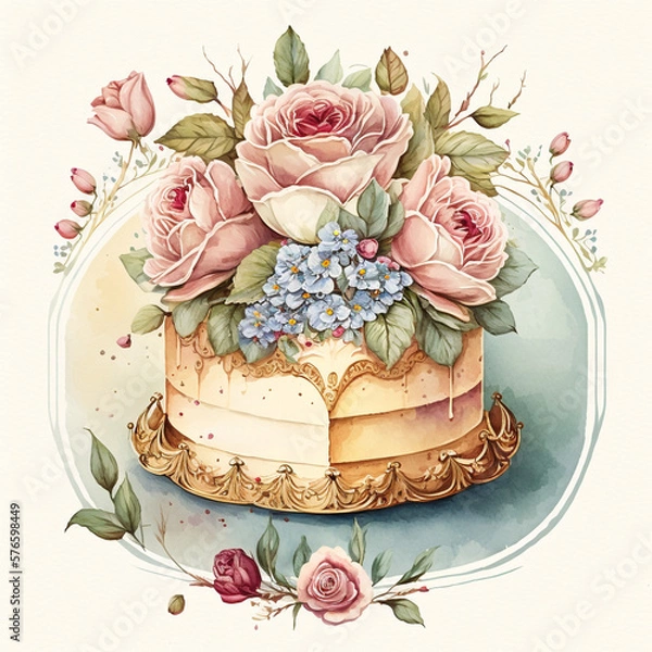 Fototapeta Cake and Roses - Vintage Watercolor - by Generative AI