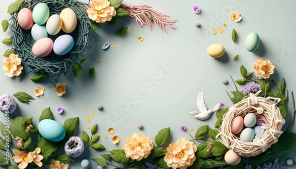 Obraz Happy Easter concept with easter eggs in nest and spring flowers. Easter background with copy space. Generative AI