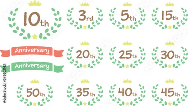 Fototapeta ポップな周年イラスト　月桂樹と王冠とリボンのマーク　アイコンセット