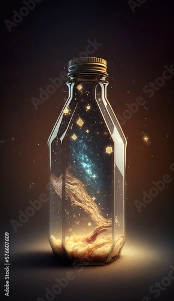 Fototapeta Magic potion in a glass bottle with fire and smoke on dark background. Generative AI