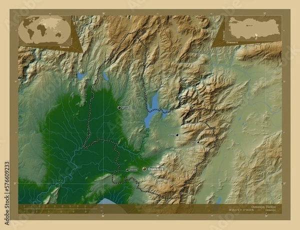 Obraz Osmaniye, Turkiye. Physical. Labelled points of cities