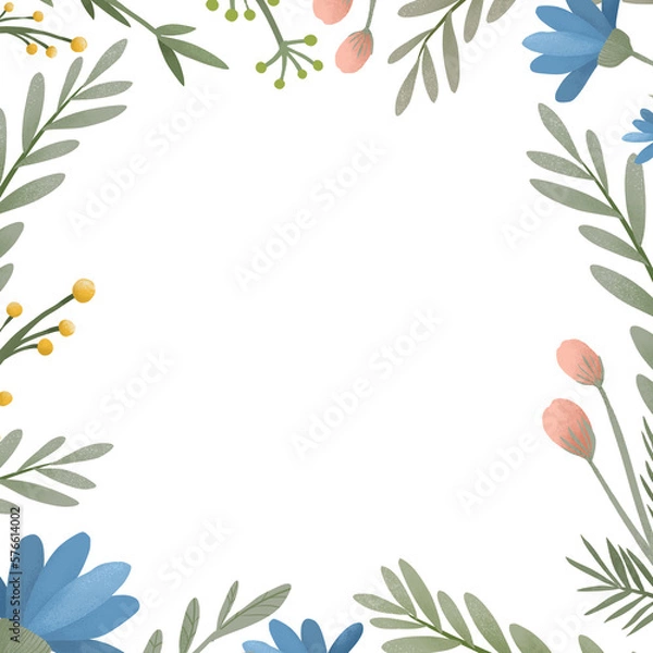 Fototapeta Pastel frame template with pink and blue flowers. Border for cards, kids invitations, posters, save the date or greet save the date card. 