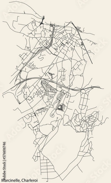 Fototapeta Detailed hand-drawn navigational urban street roads map of the MARCINELLE MUNICIPALITY of the Belgian city of CHARLEROI, Belgium with vivid road lines and name tag on solid background