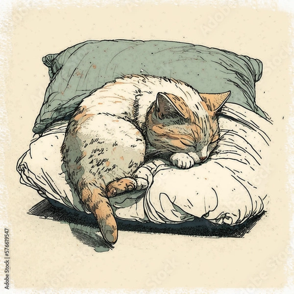 Fototapeta Watercolor drawing of a cute sleeping kitten. Little kitten sleeps on pillows