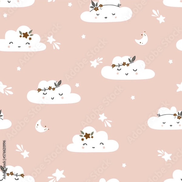 Fototapeta Seamless childish pattern with little clouds. Cute vector texture for kids bedding, fabric, wallpaper, wrapping paper, textile, t-shirt print.